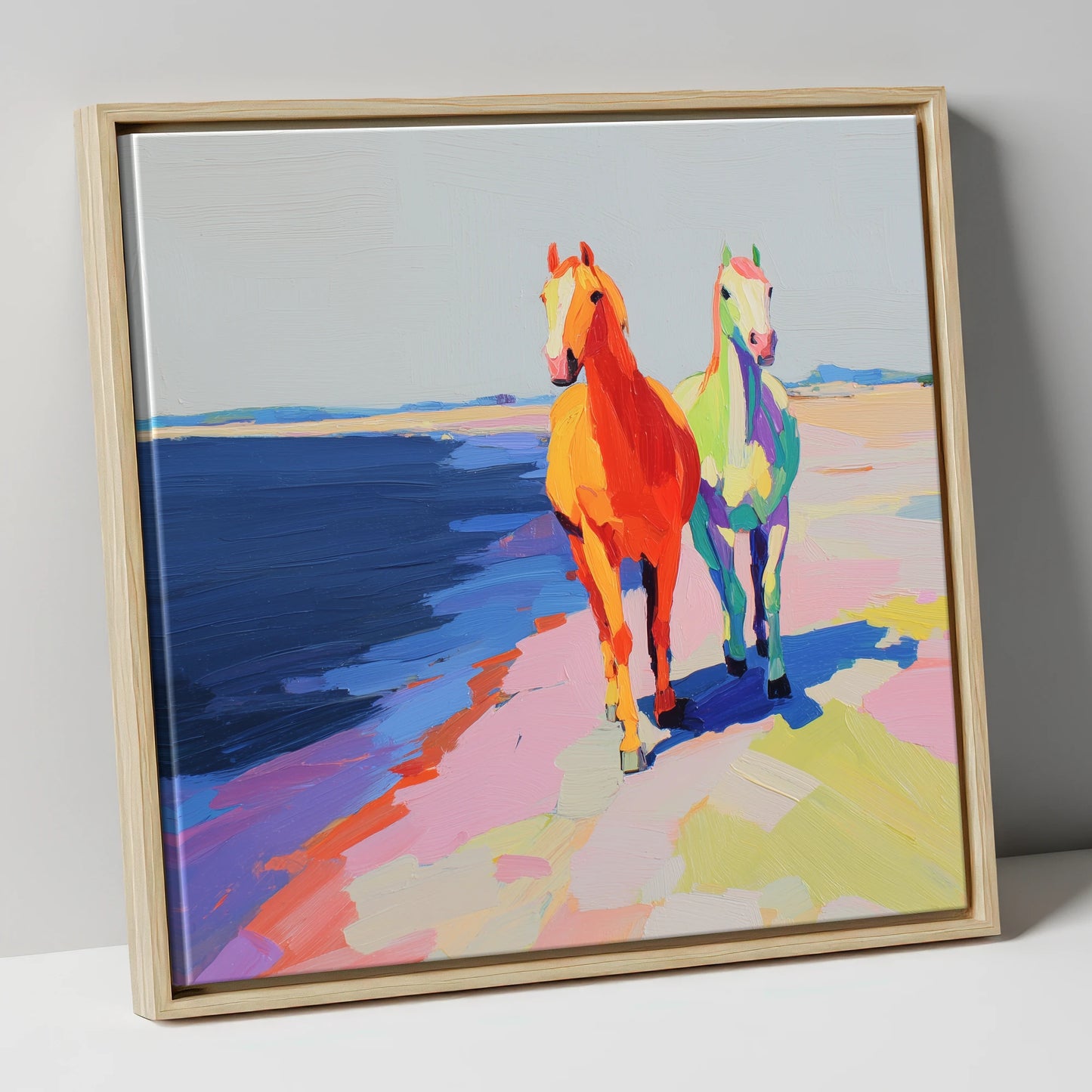 Vibrant Coastal Companions horse landscape canvas wall art in natural frame