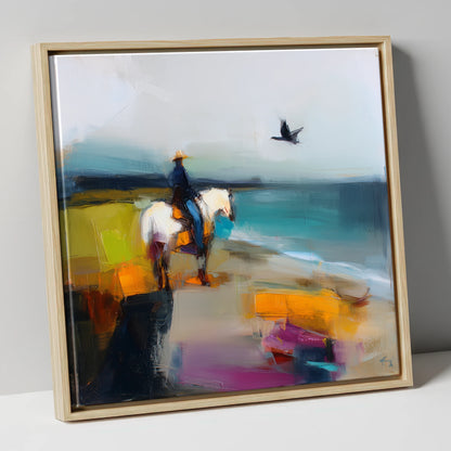 Vibrant Shoreline Hack beach horse canvas wall art in natural frame