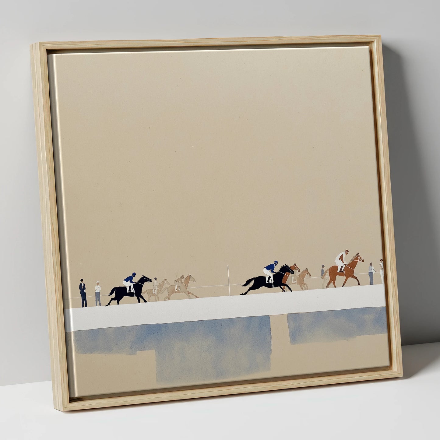 The Final Stretch racing horse canvas wall art in natural frame