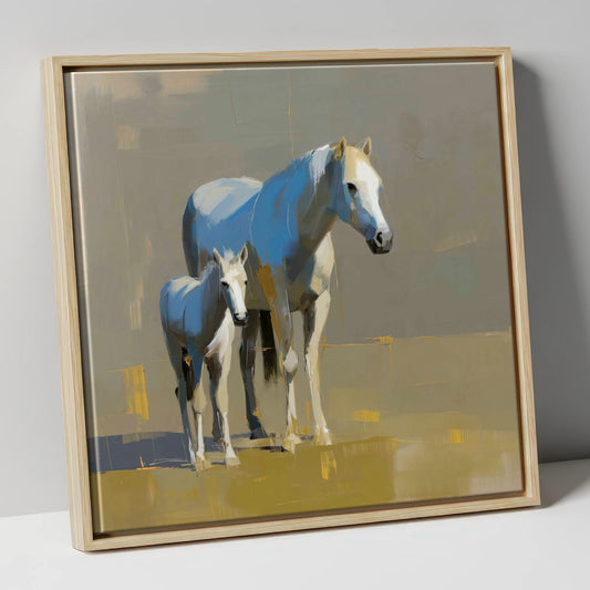 A Mother’s Quiet Watch mare & foal canvas wall art in natural frame