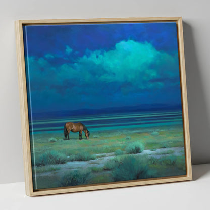 Midnight Solitude horse landscape canvas wall art in natural frame