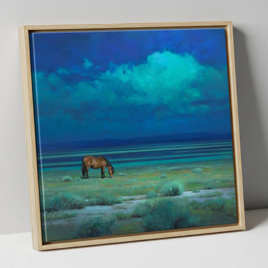 Grazing Bay Horse at Twilight horse landscape canvas wall art in natural frame