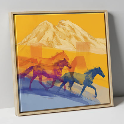 Golden Mountain Canter horse landscape canvas wall art in natural frame
