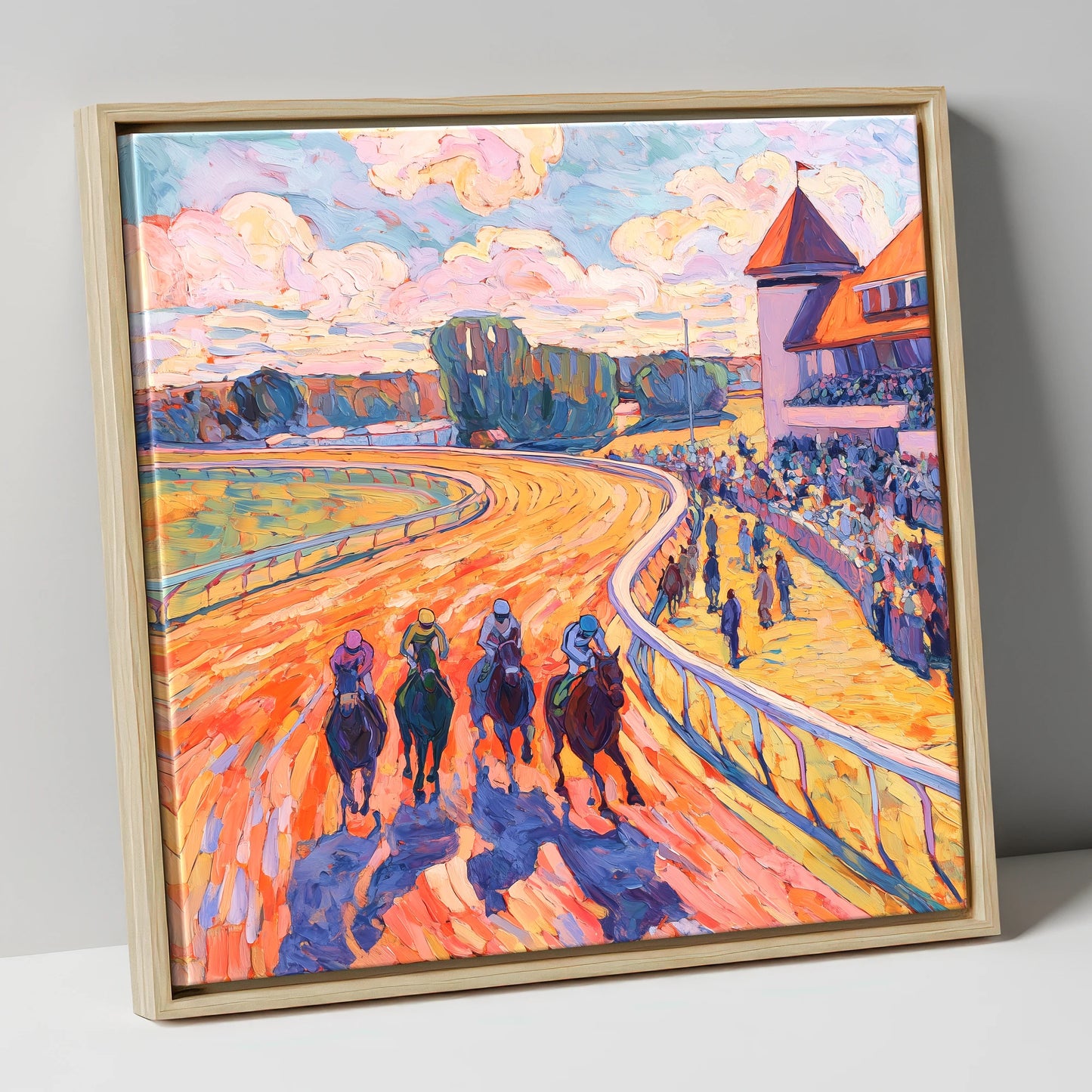 Colours of the Home Straight racing horse canvas wall art in natural frame
