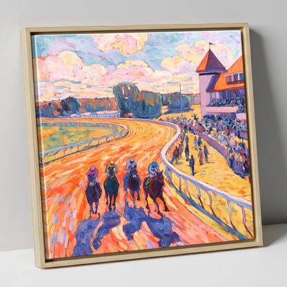 Colours of the Home Straight racing horse canvas wall art in natural frame