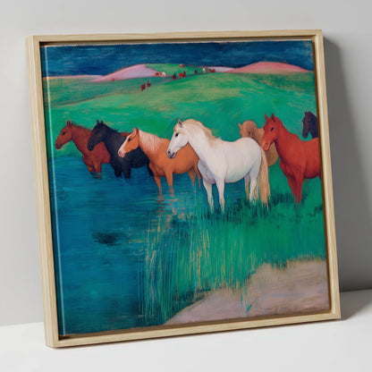 The Emerald Shallows wild horses canvas wall art in natural frame