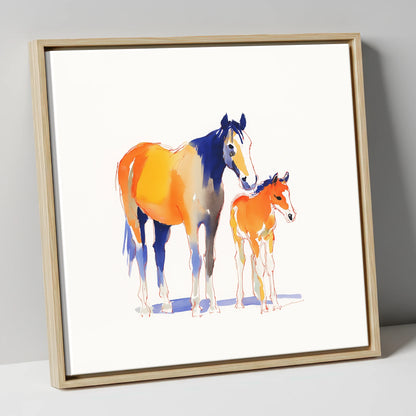 Sunlit Bond mare & foal canvas wall art in natural frame