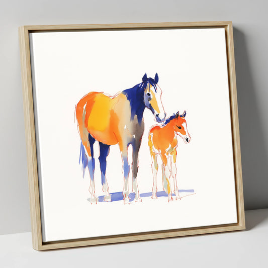 Sunlit Bond mare & foal canvas wall art in natural frame