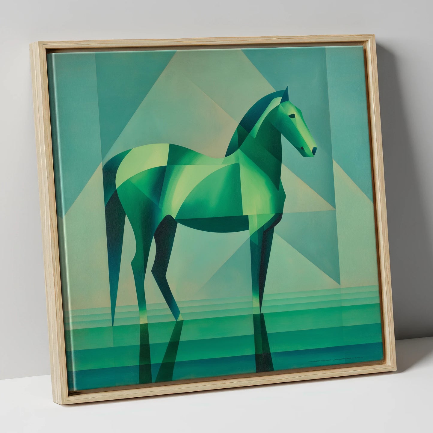 Emerald Geometric Equine horse portrait canvas wall art in natural frame