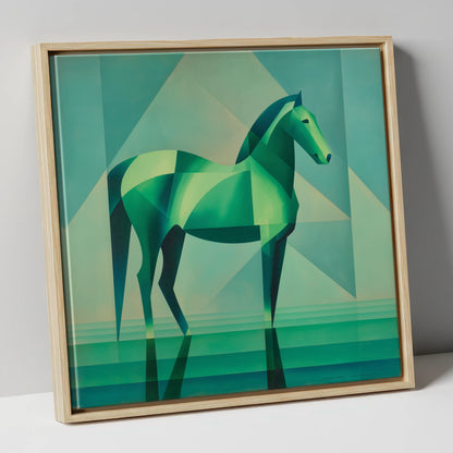 Emerald Geometric Equine horse portrait canvas wall art in natural frame