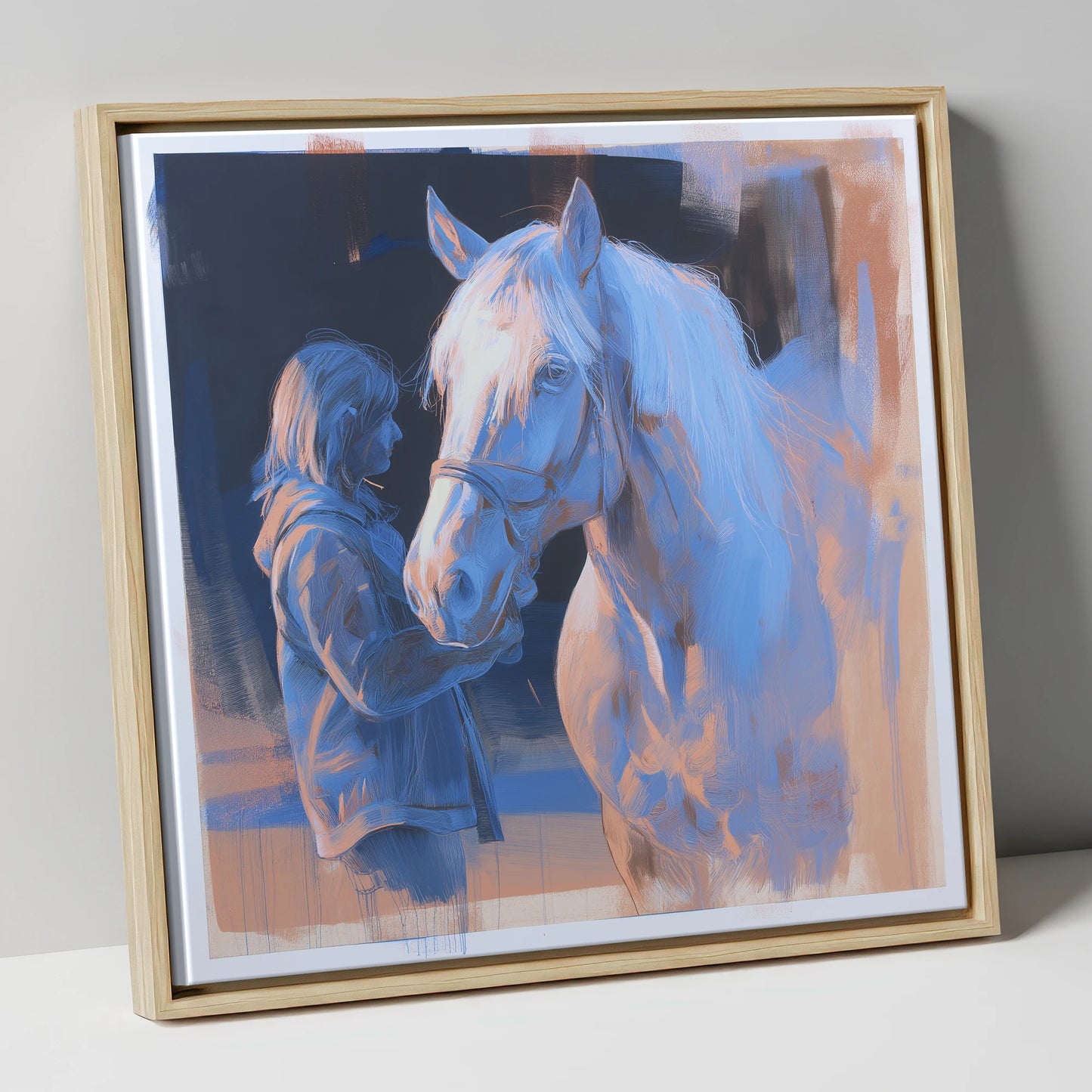 The Cobalt Bond horse & rider canvas wall art in natural frame