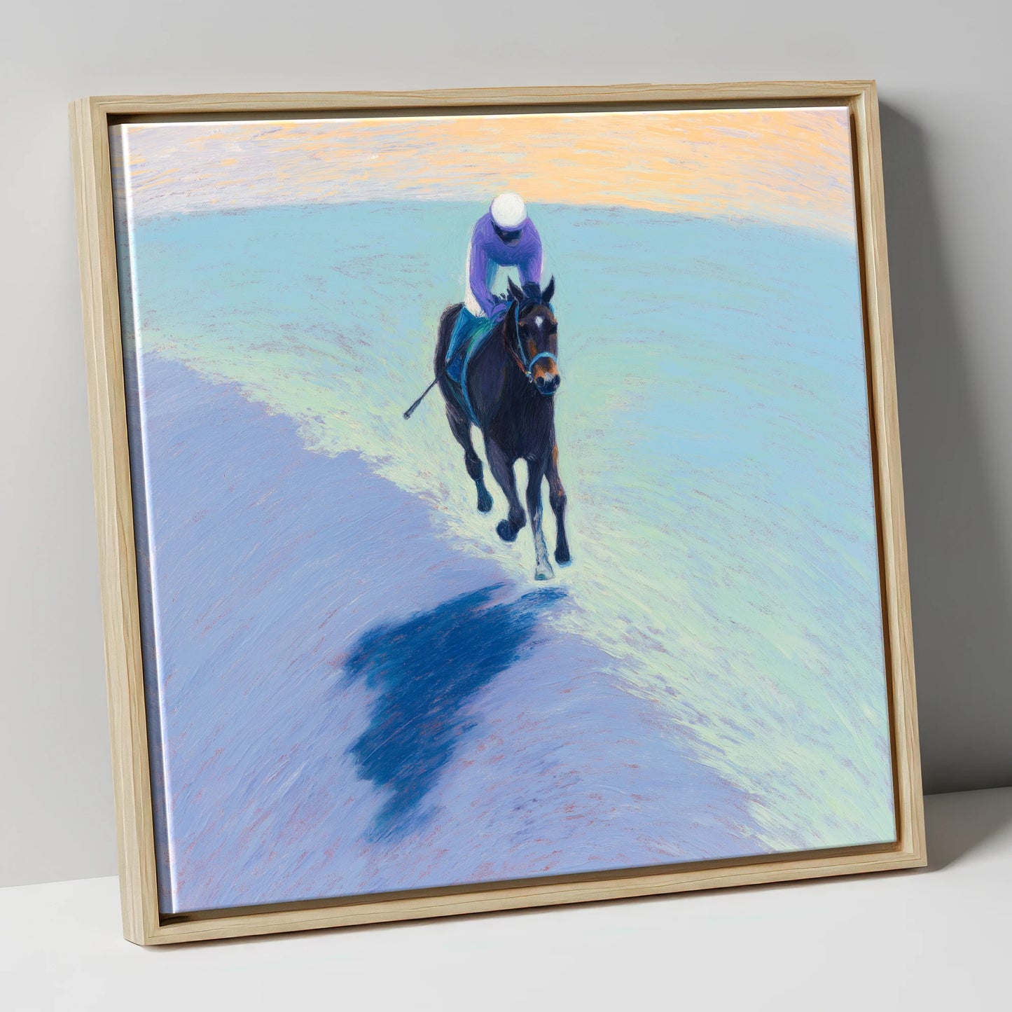Morning On The Gallops racing horse canvas wall art in natural frame