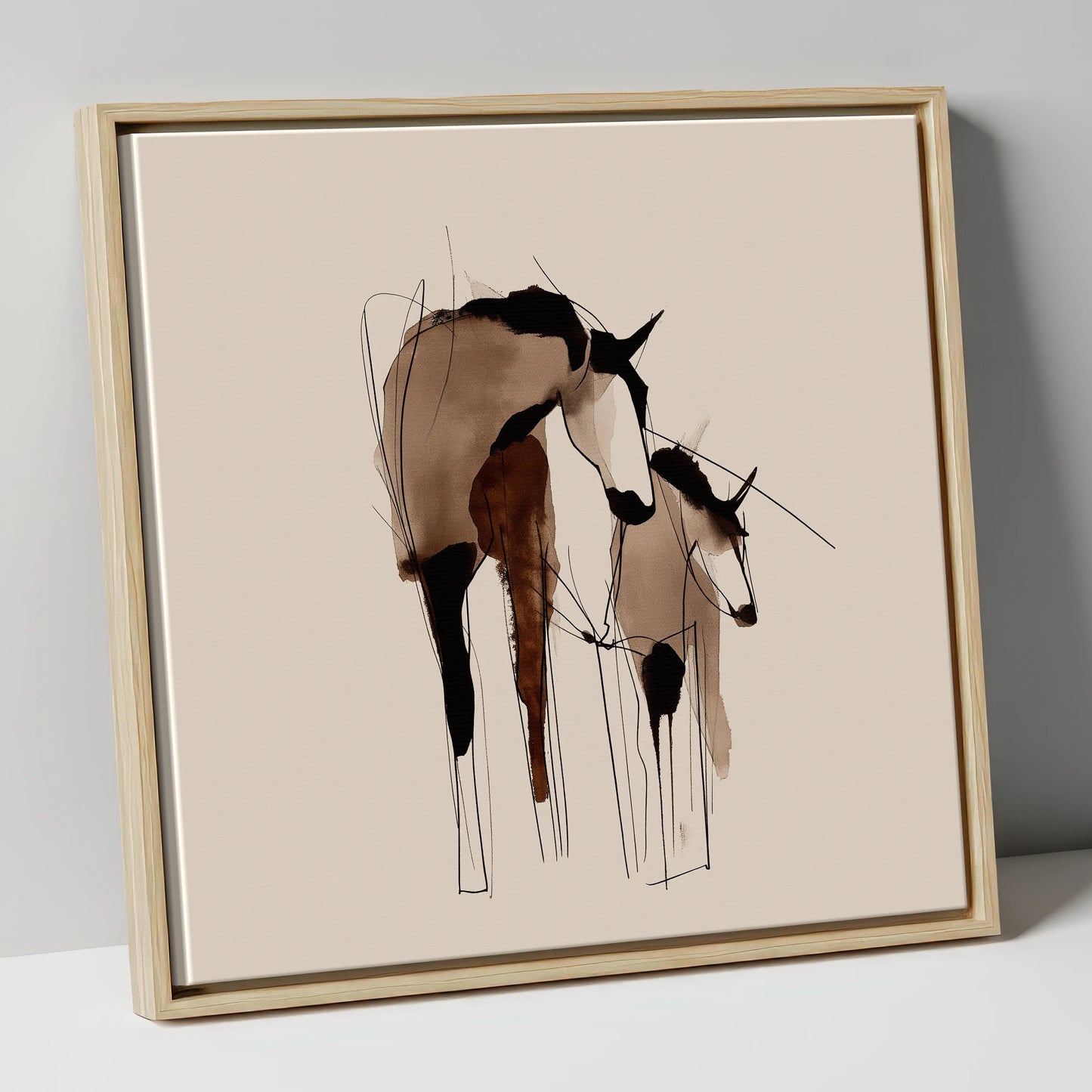 Tender Connection mare & foal canvas wall art in natural frame