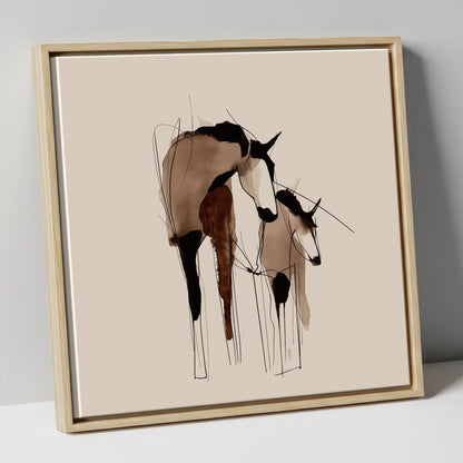Tender Connection mare & foal canvas wall art in natural frame