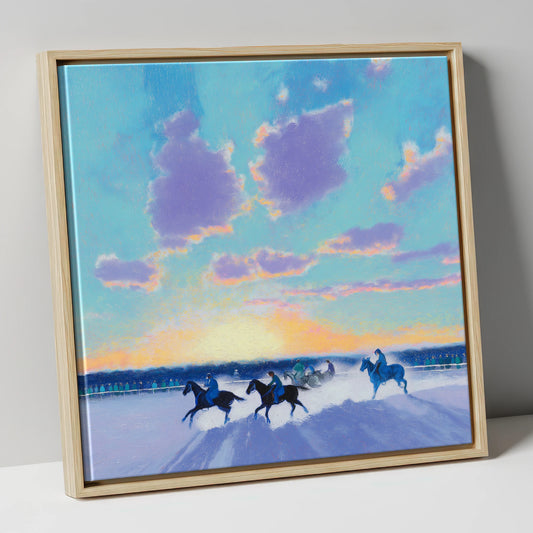 Winter Polo Dawn polo horse canvas wall art in natural frame