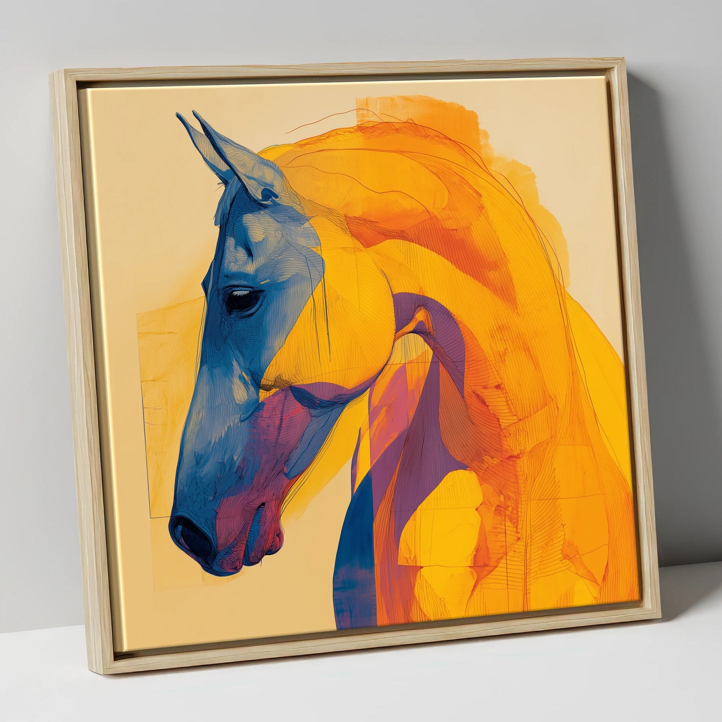 Cobalt and Gold Contour horse breed canvas wall art in natural frame
