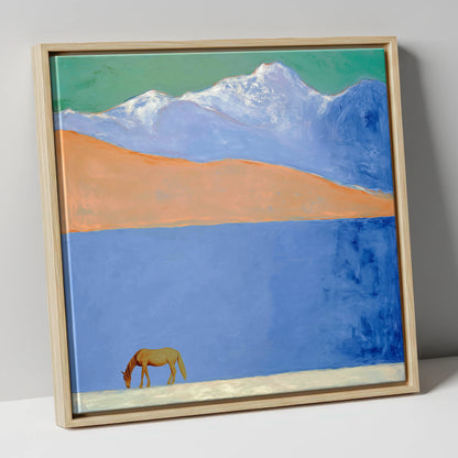 Alpine Solitude horse landscape canvas wall art in natural frame