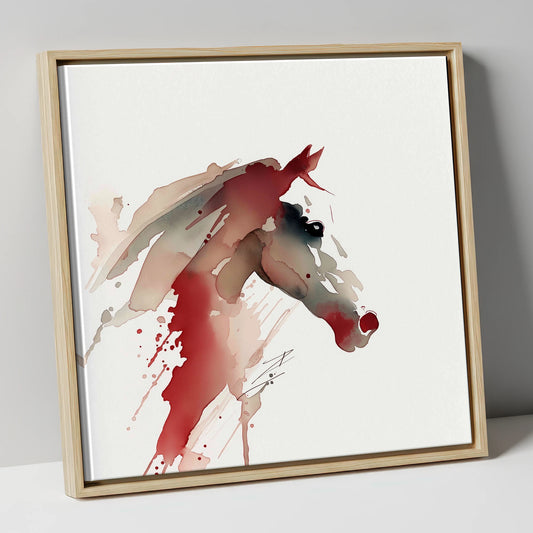 Crimson Momentum racing horse canvas wall art in natural frame