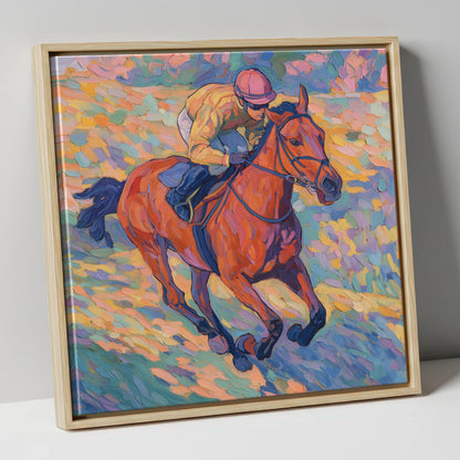 Vibrant Final Furlong racing horse canvas wall art in natural frame