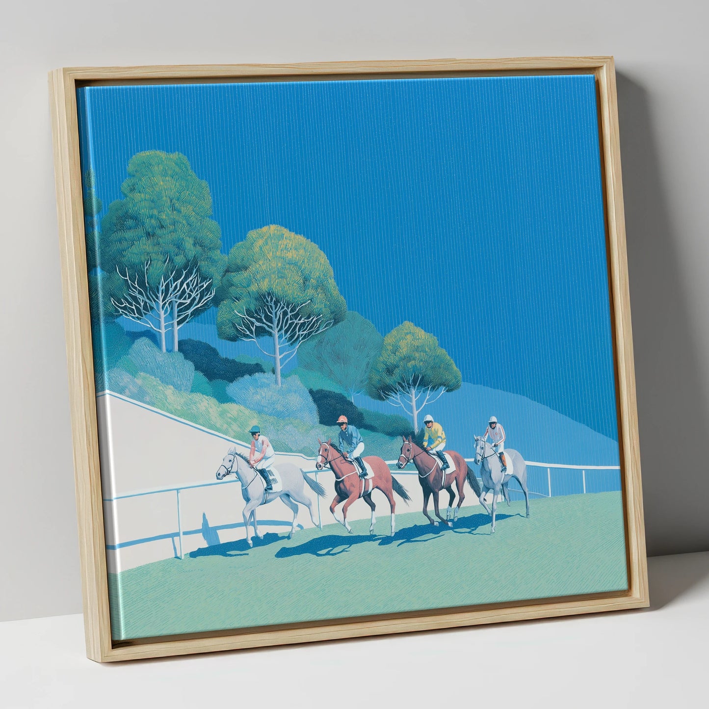 The Cerulean Sprint racing horse canvas wall art in natural frame