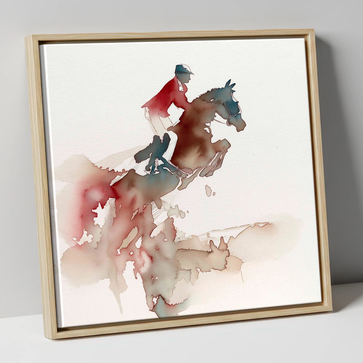 Crimson Flight show jumping horse canvas wall art in natural frame