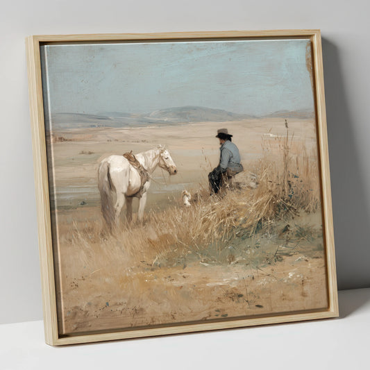 Vast Horizons horse & rider canvas wall art in natural frame