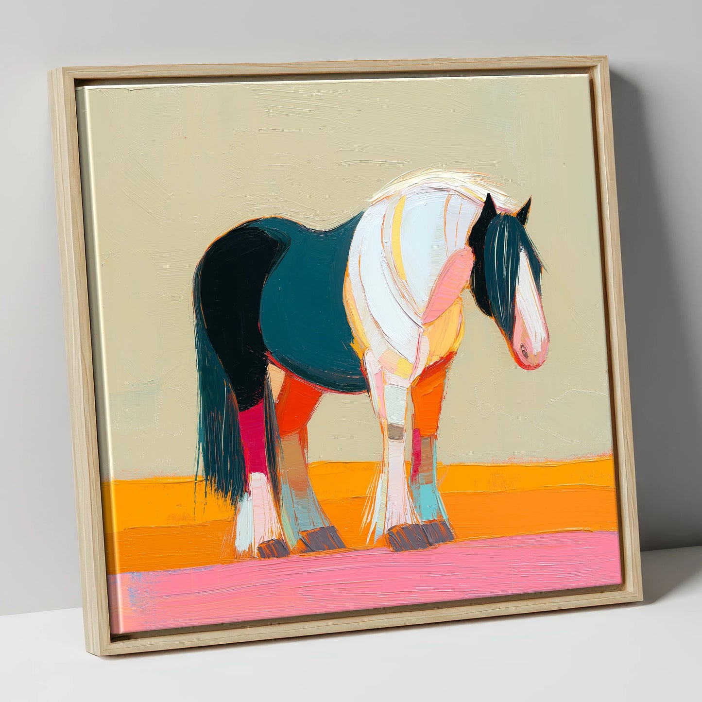 Vivid Spirit of the Cob working horse canvas wall art in natural frame
