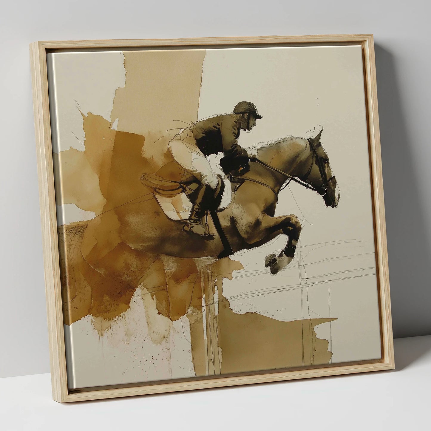 Moment of Suspension show jumping horse canvas wall art in natural frame