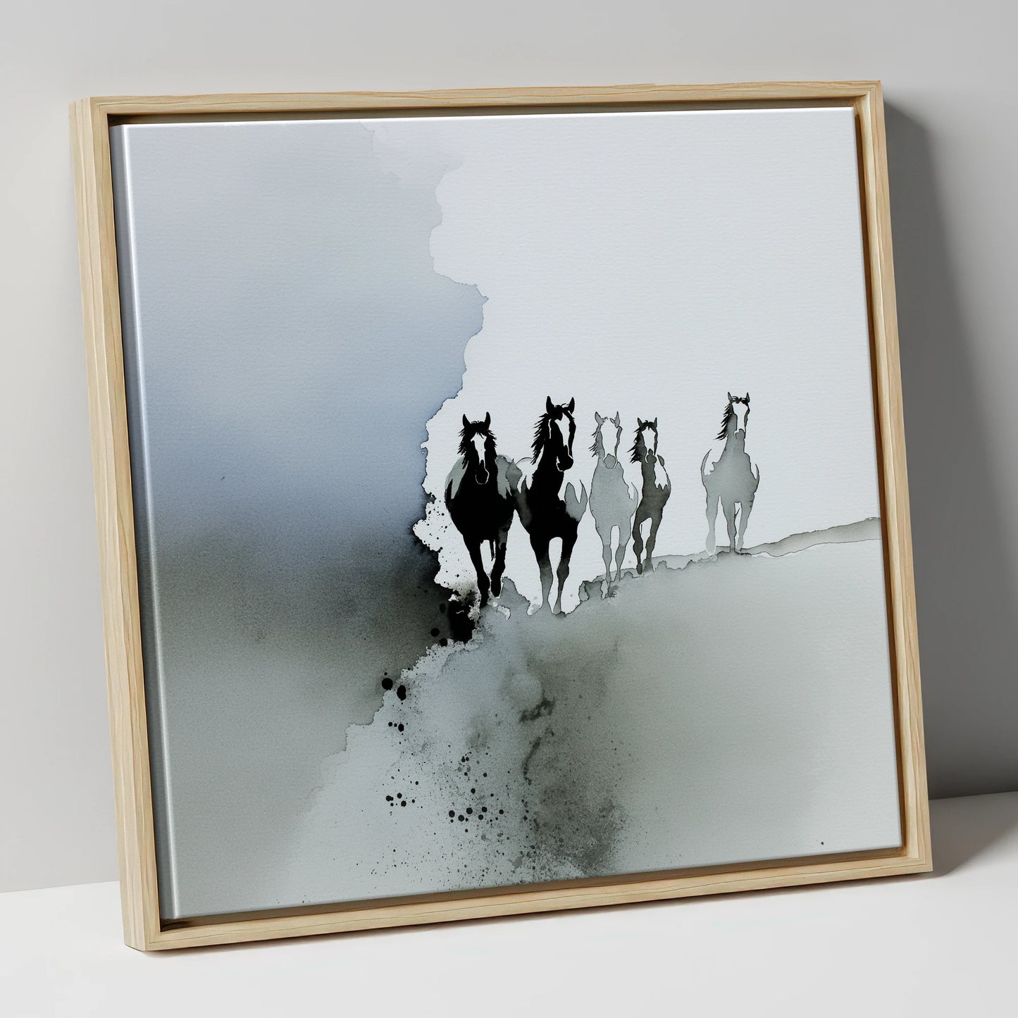 Emerging From the Mist wild horses canvas wall art in natural frame
