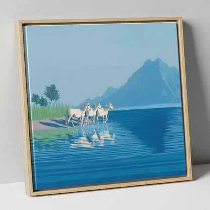 Reflections in Azure wild horses canvas wall art in natural frame