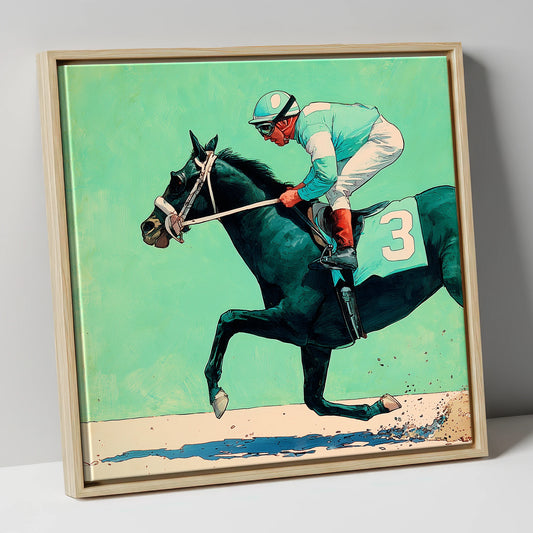 The Teal Flyer racing horse canvas wall art in natural frame