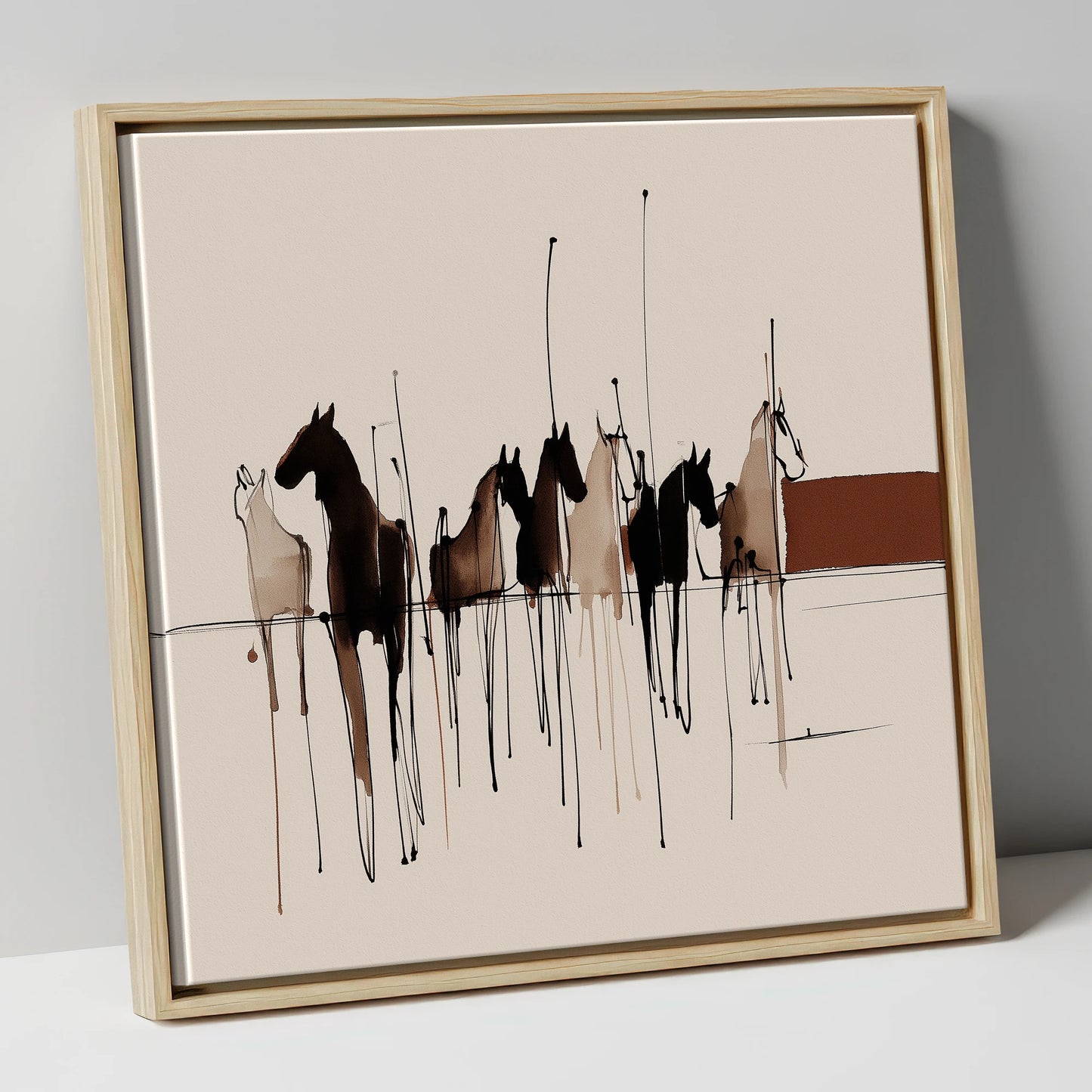 Shadows of the Herd wild horses canvas wall art in natural frame