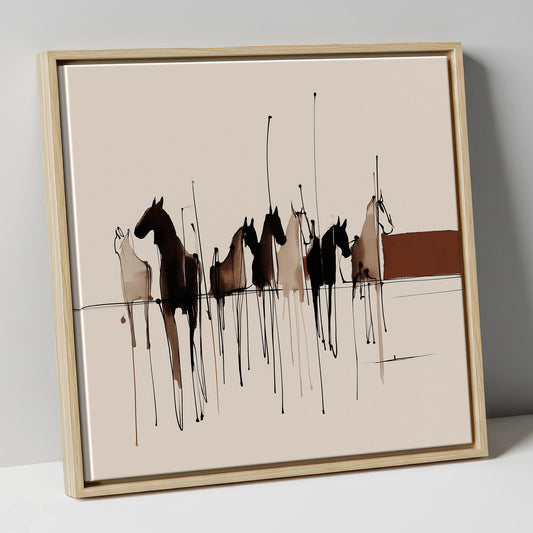 Abstract Sepia Ink Horse Herd wild horses canvas wall art in natural frame