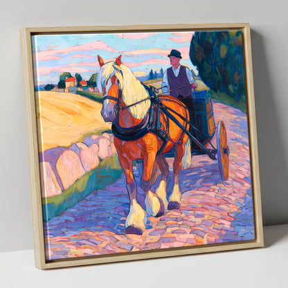 Evening Draught on Cobbles working horse canvas wall art in natural frame