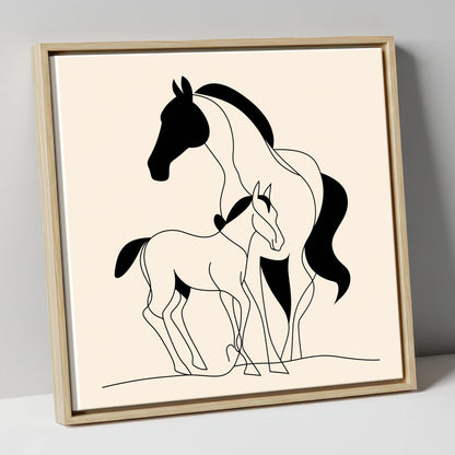 Tender Bond Line Art mare & foal canvas wall art in natural frame