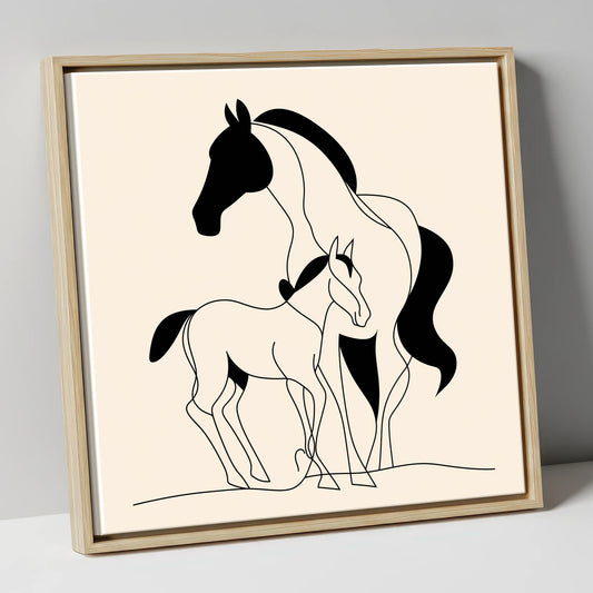 Tender Bond Line Art mare & foal canvas wall art in natural frame