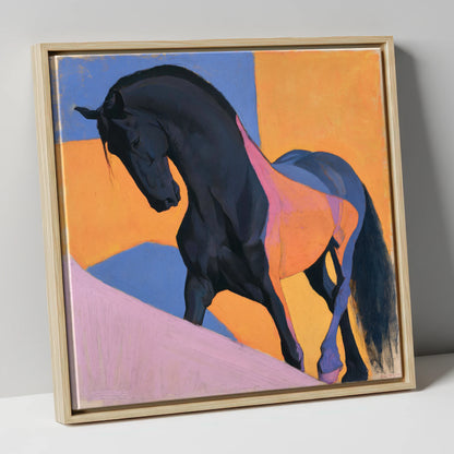 Black Stallion on Bold Orange horse breed canvas wall art in natural frame