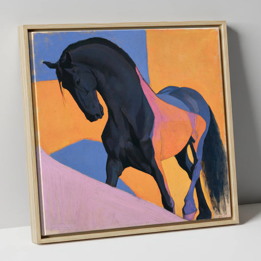 Black Stallion on Bold Orange horse breed canvas wall art in natural frame