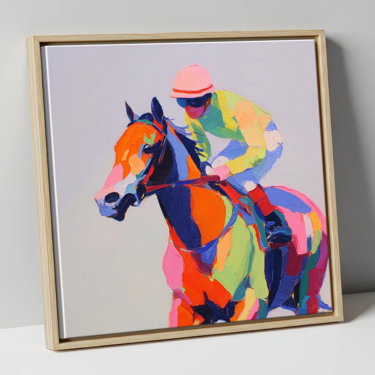 Technicolour Gallop racing horse canvas wall art in natural frame