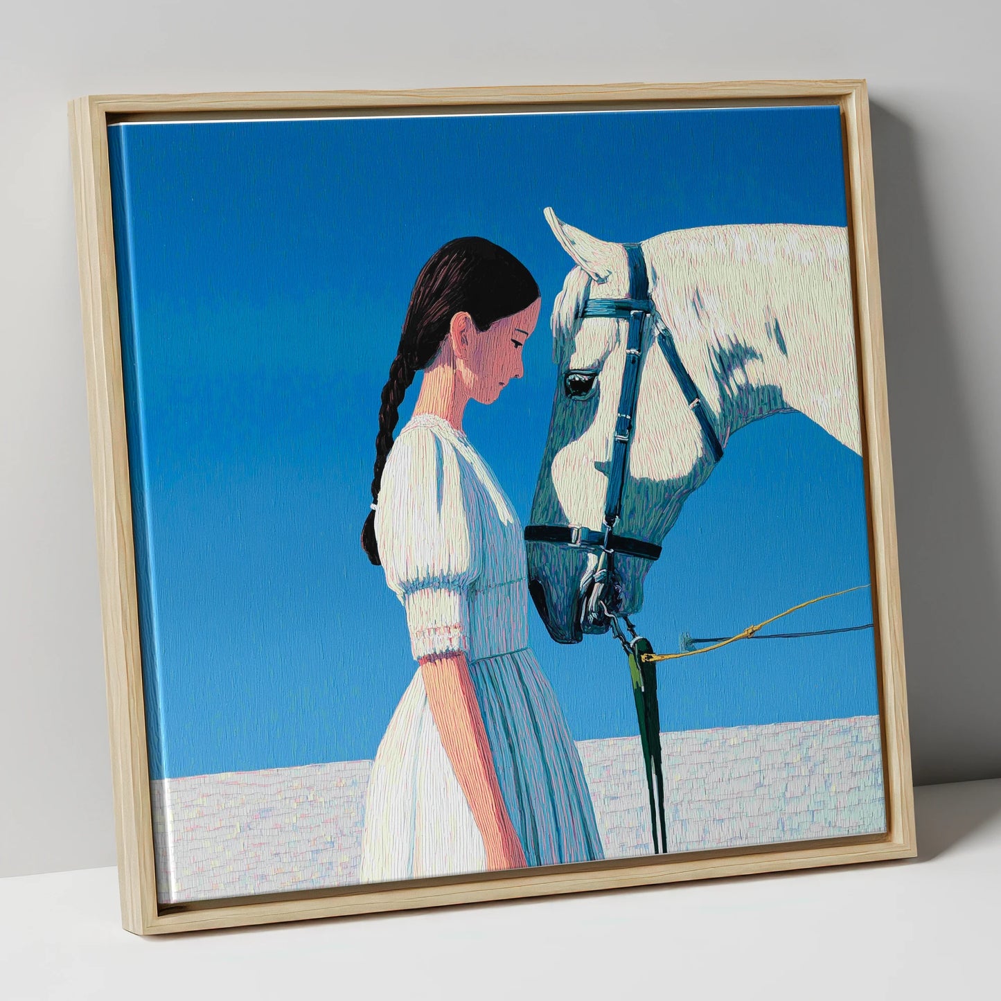 Silent Dialogue horse & rider canvas wall art in natural frame