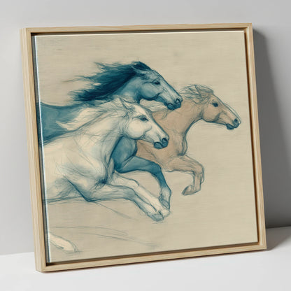 Azure Equine Trio wild horses canvas wall art in natural frame