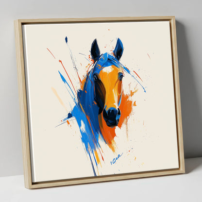 Indigo and Fire horse portrait canvas wall art in natural frame