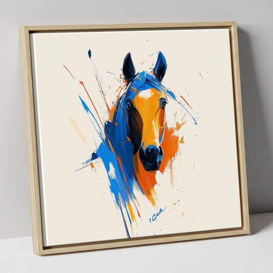 Indigo and Fire horse portrait canvas wall art in natural frame