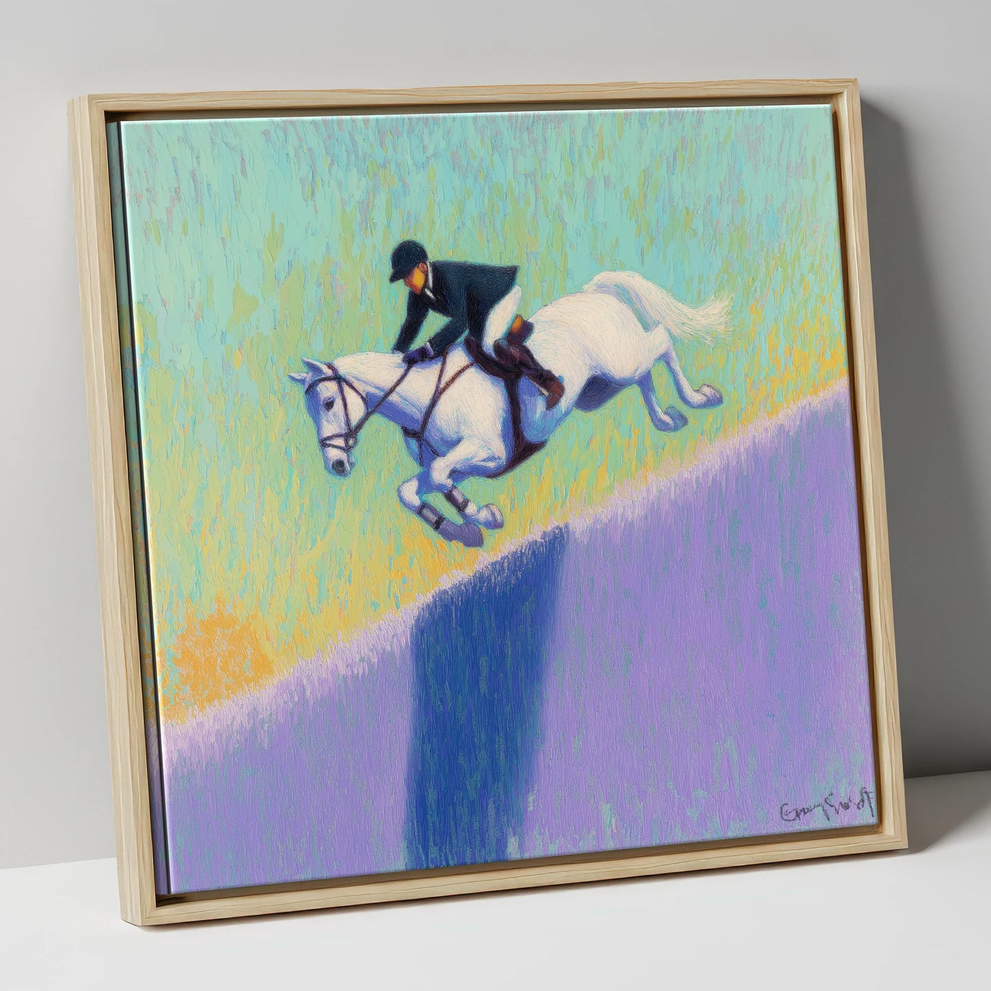Flight Over Lavender show jumping horse canvas wall art in natural frame