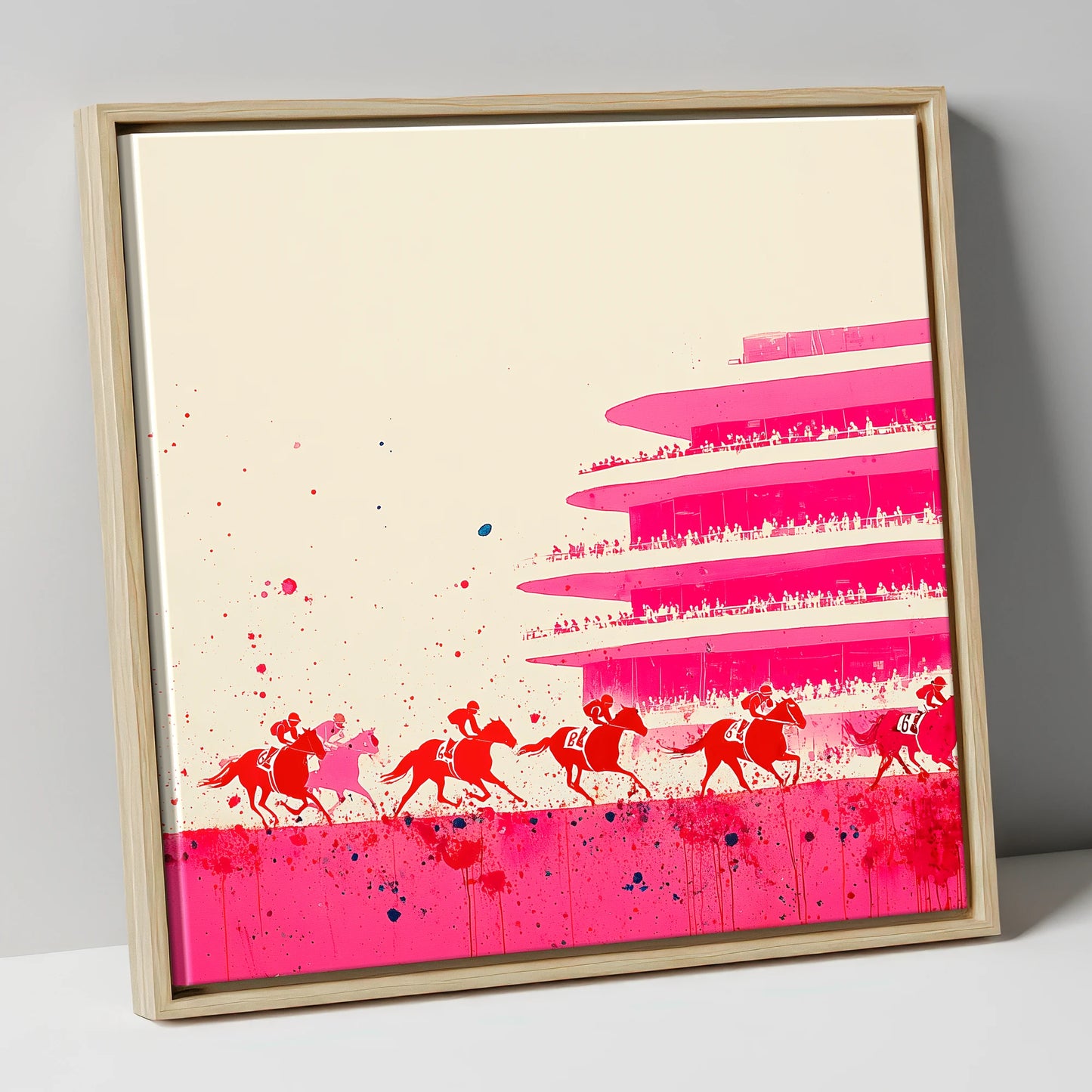 Magenta Grandstand Sprint racing horse canvas wall art in natural frame