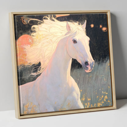 Celestial Grey horse portrait canvas wall art in natural frame