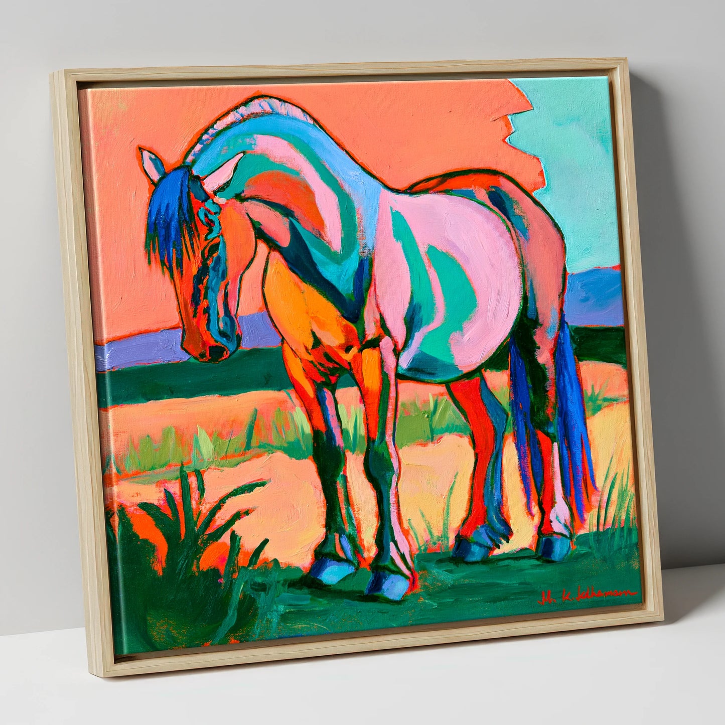 Colourful Contemporary Standing Horse horse breed canvas wall art in natural frame