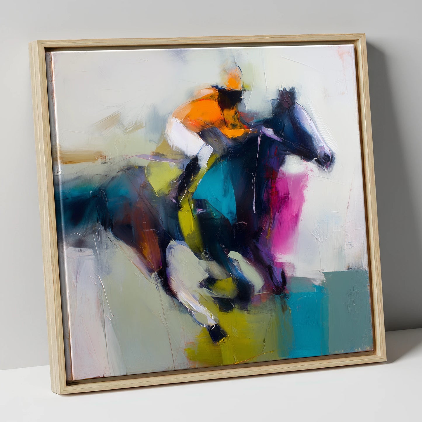 Burst of Speed racing horse canvas wall art in natural frame