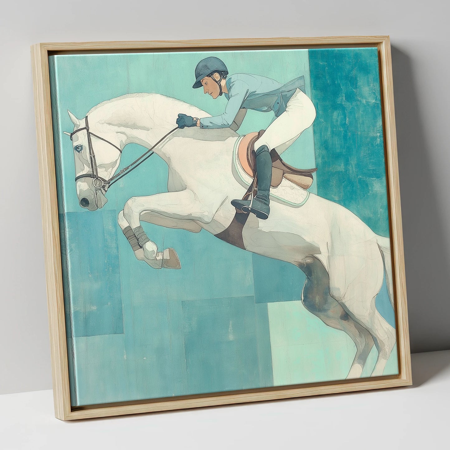 Aquamarine Flight show jumping horse canvas wall art in natural frame