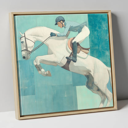 Aquamarine Flight show jumping horse canvas wall art in natural frame